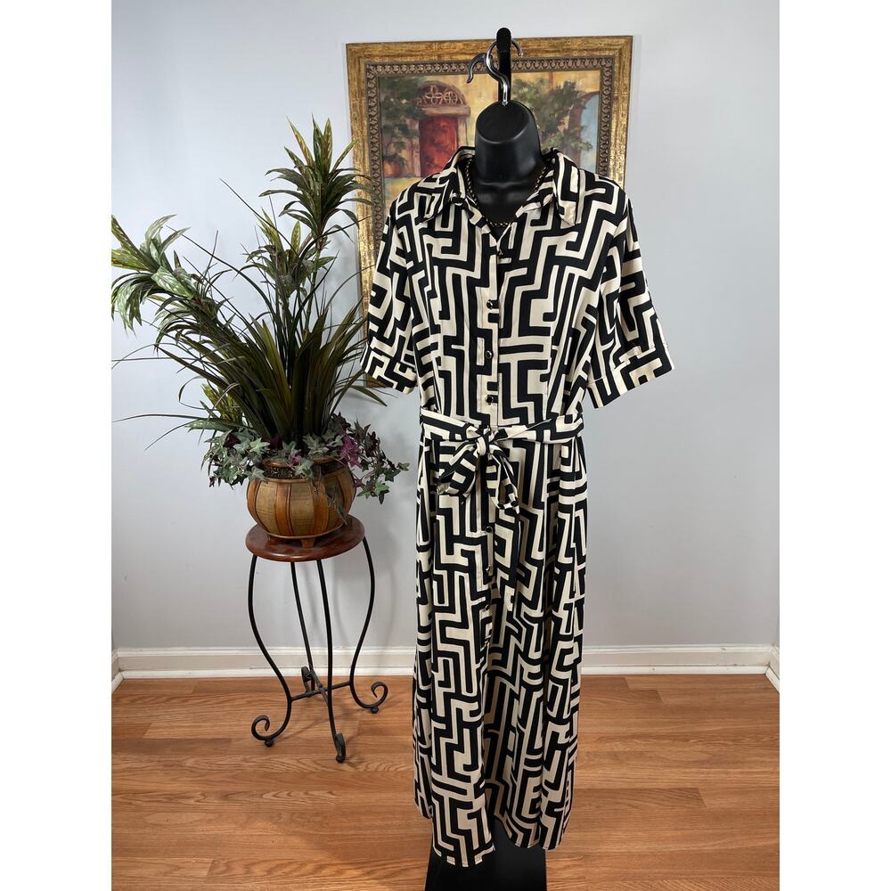 Kate And Lily Shirt Dress Women L Beige  Black Geometric Button Front Minimalist